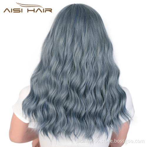 Aisi Hair Synthetic Nature Blue Body Wave Long Wavy Bang Wig Heat Resistant Fiber Wigs for White Black Women Cosplay Party Wigs